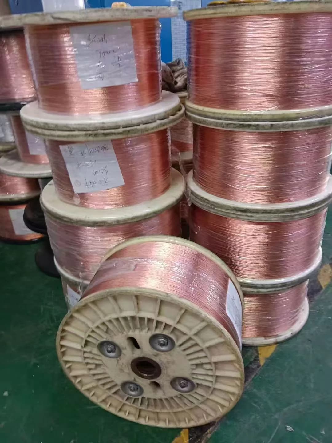 Copper wire spools prepared for stranding