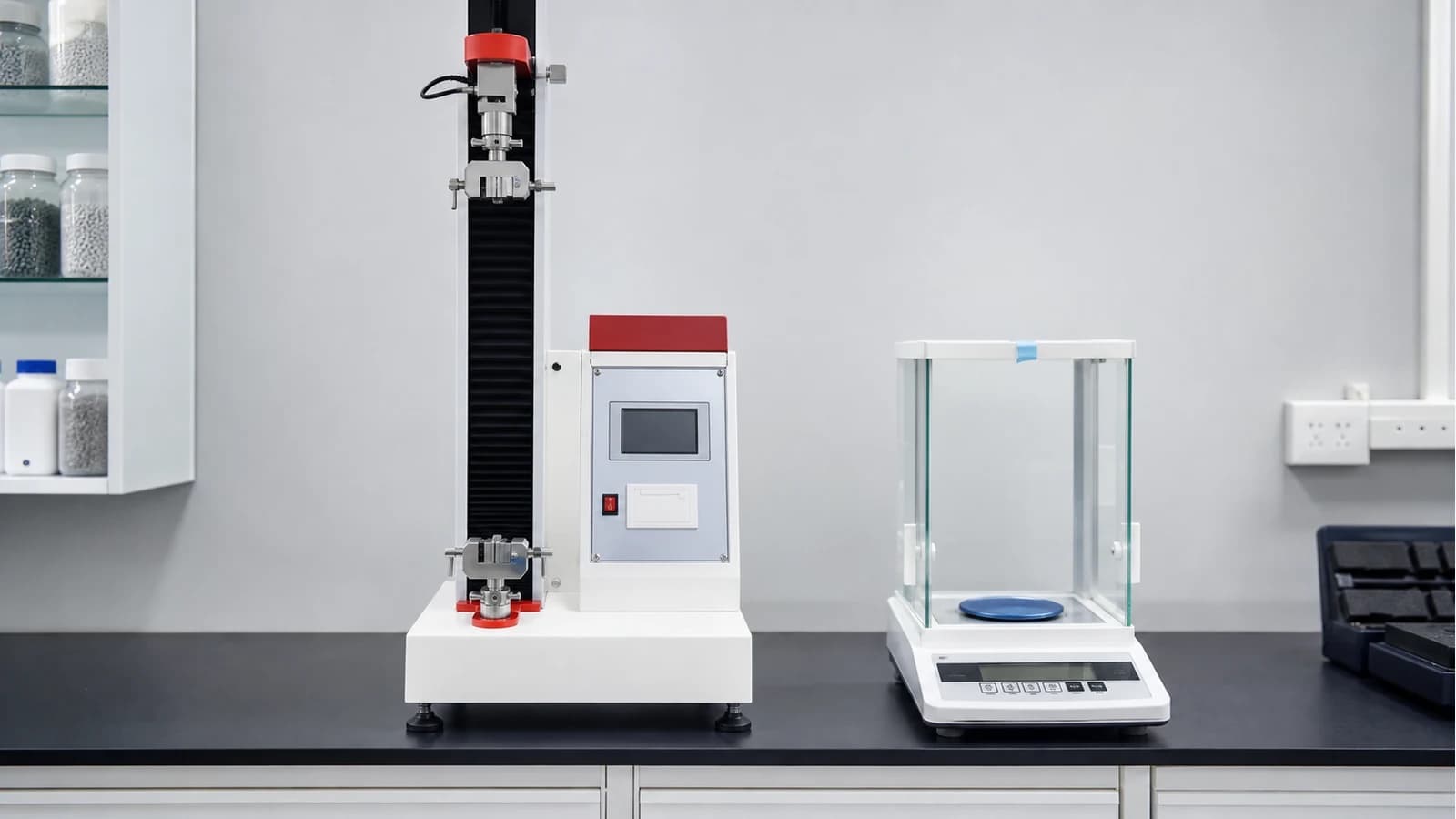 Tensile testing machine and precision balance in the laboratory