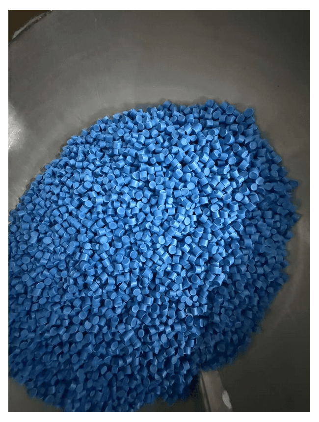 Blue material pellets in warehouse inventory