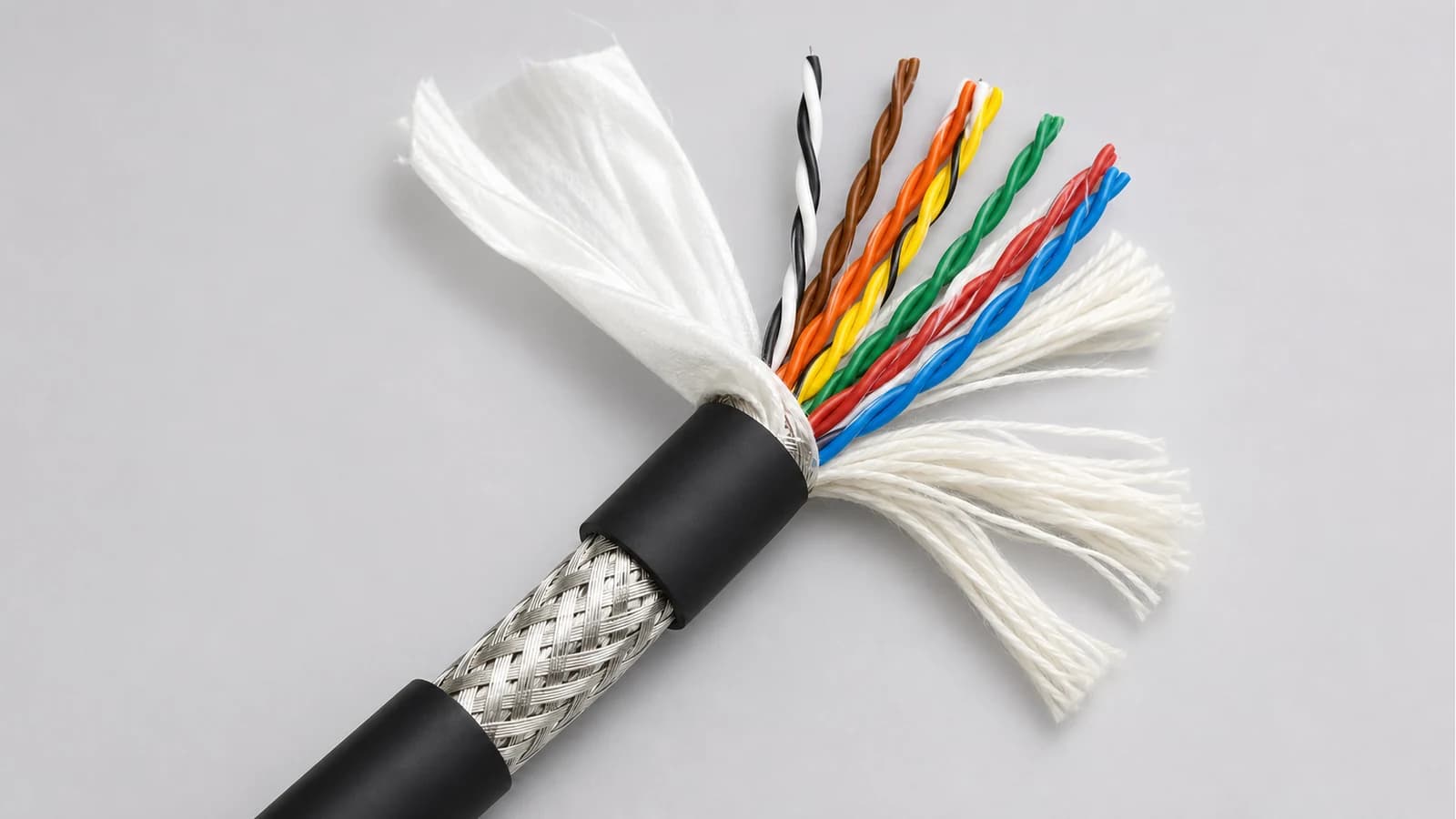 Finished multicore cable showing reinforcement and binding layers