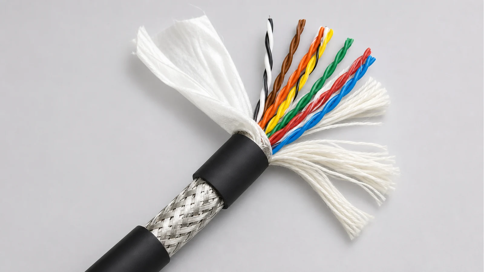 Cross-section of a shielded multicore cable showing insulation, filling and shielding layers